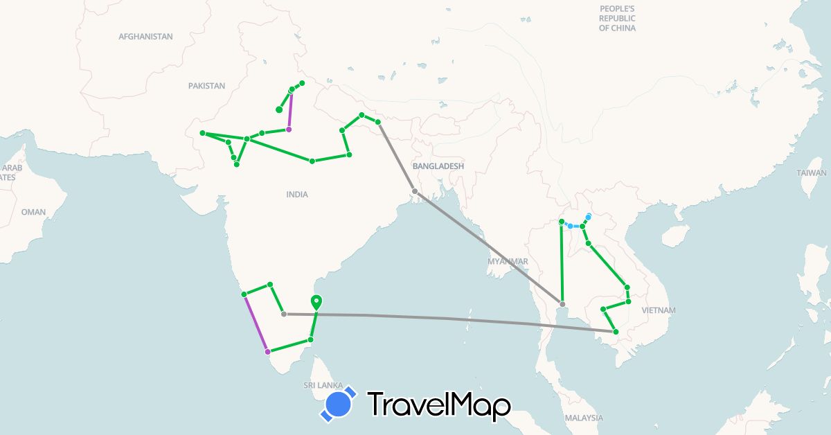 TravelMap itinerary: driving, bus, plane, train, boat in India, Cambodia, Laos, Nepal, Thailand (Asia)